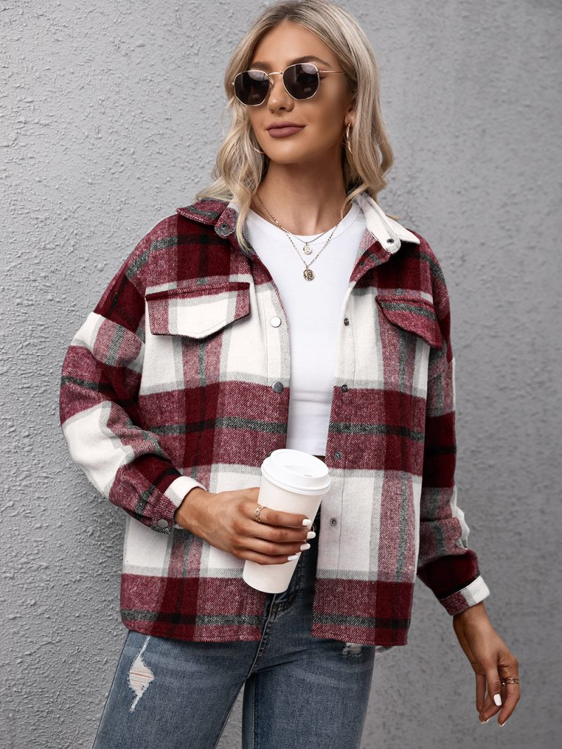 Cashmere Long-Sleeve Plaid Shacket for Women - Image 7