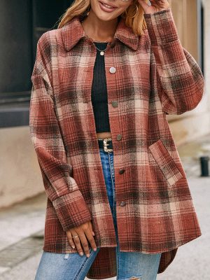 Plaid Brushed Shacket Coat for Women