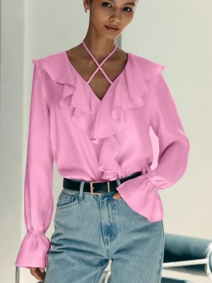 French Ruffled V-neck Puff Sleeve Shirt