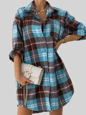 Summer Blue Long-Sleeved Office Shirt with Japanese Plaid