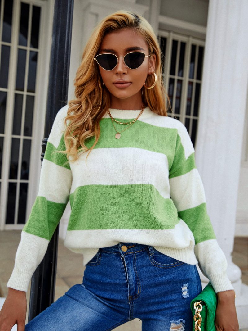 Mixed Color Stripe Round Neck Sweater - Image 4