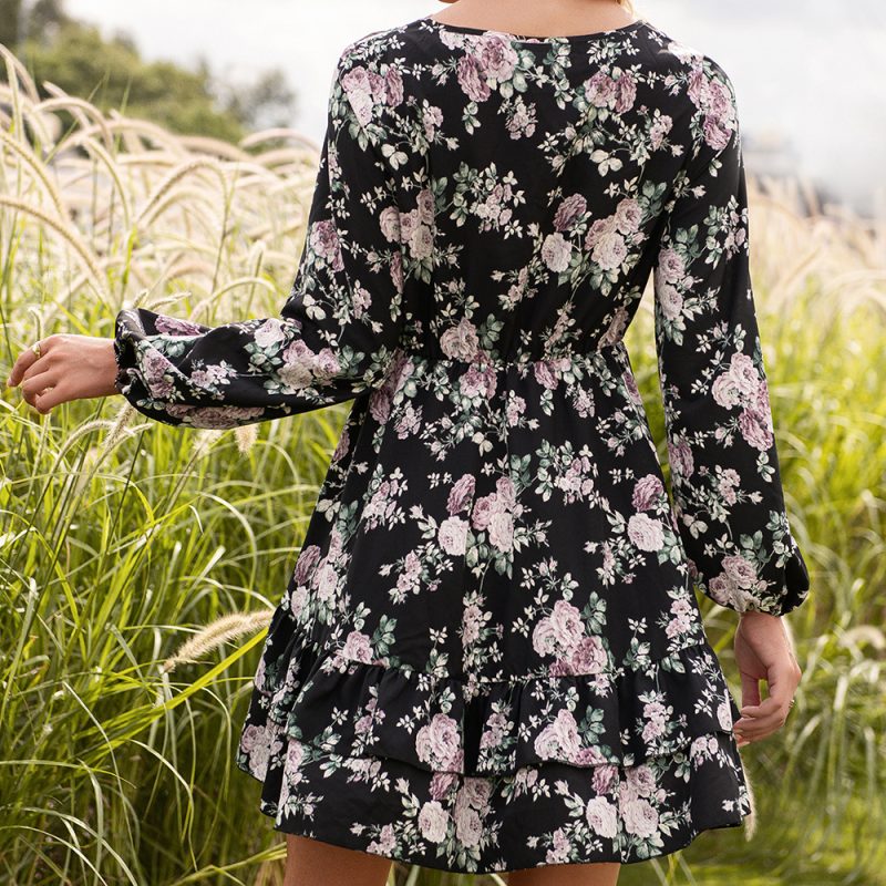 Floral Lace V-Neck Long Sleeve Dress - Image 3