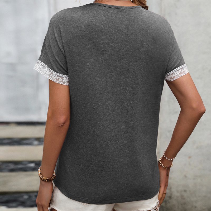 Lace Patchwork Round Neck T-Shirt - Image 4