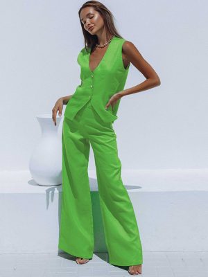 V-Neck Vest and Trousers Two-Piece Cotton Suit