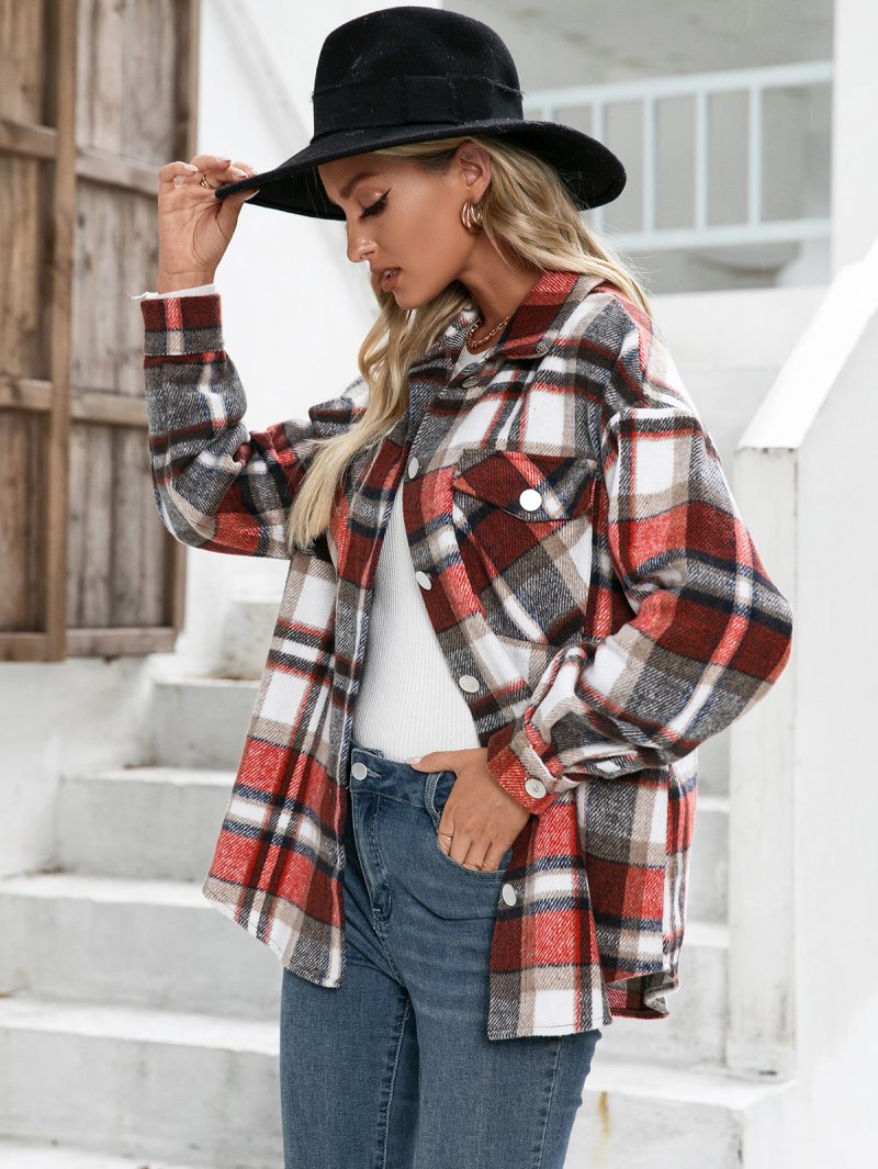 Fleece Long-Sleeve Checked Shacket for Women - Image 2