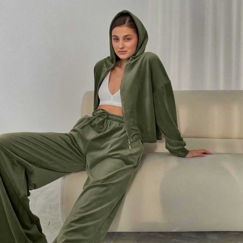 Velvet Hooded Sports Sweater and Wide Leg Pants Set - Image 2
