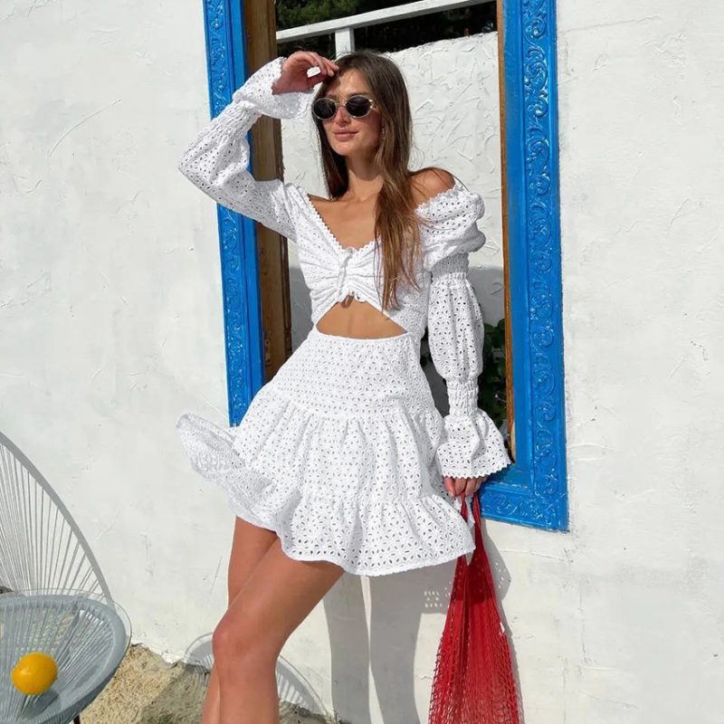 Bohemian Pure Cotton White Puff Sleeve Dress - Image 2