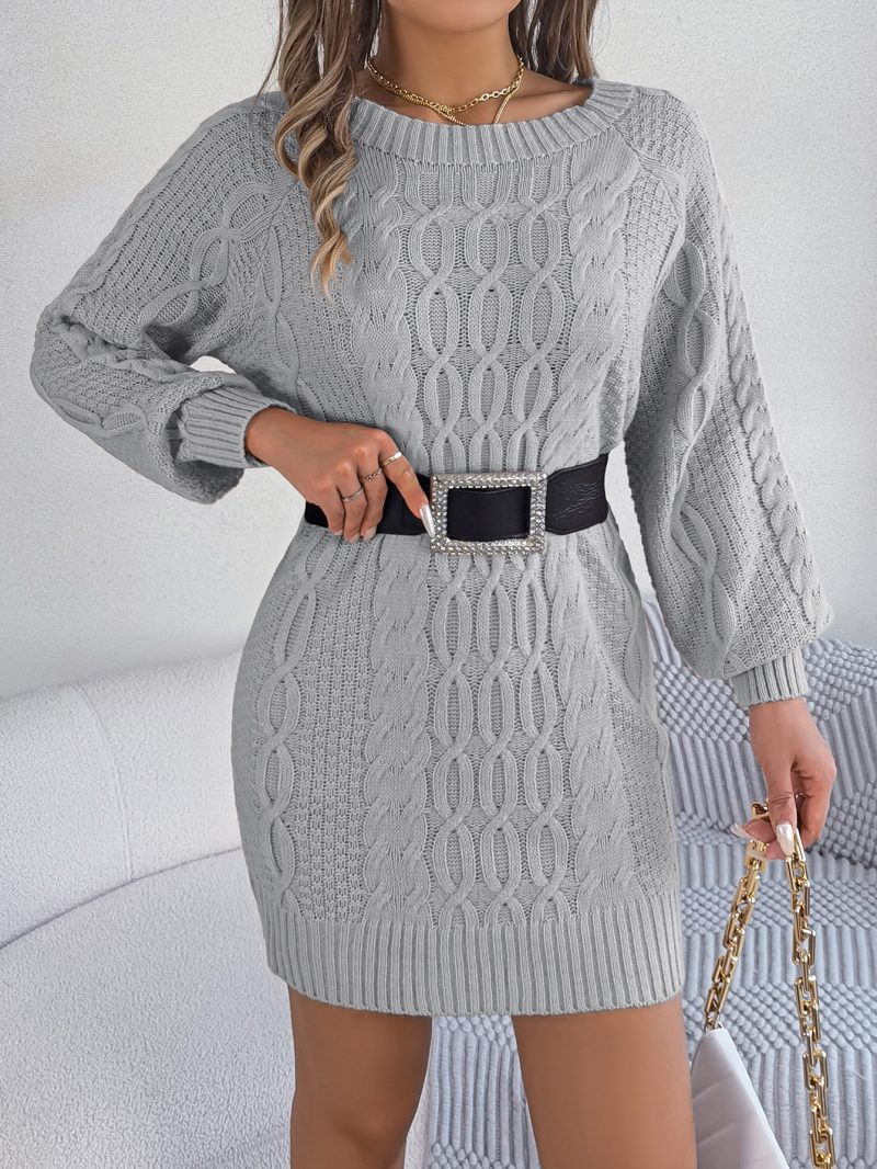 Solid Color Twist Lantern Sleeve Woolen Dress - Image 5
