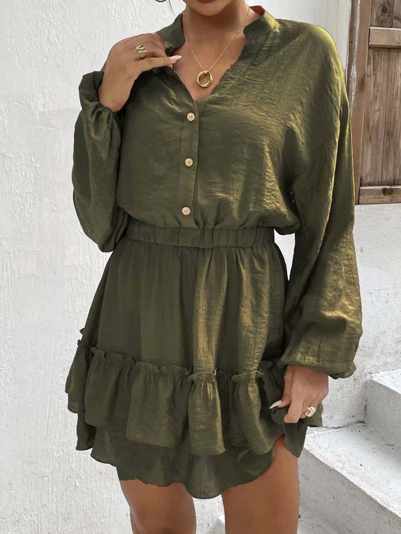 Long Sleeve Rayon Ruffle A-Line Dress - Image 3