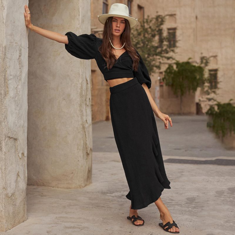 V-Neck Puff Sleeve Cropped Skirt Set - Image 3