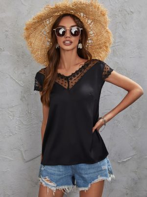 V-Neck Lace Short-Sleeve T-Shirt for Office Women