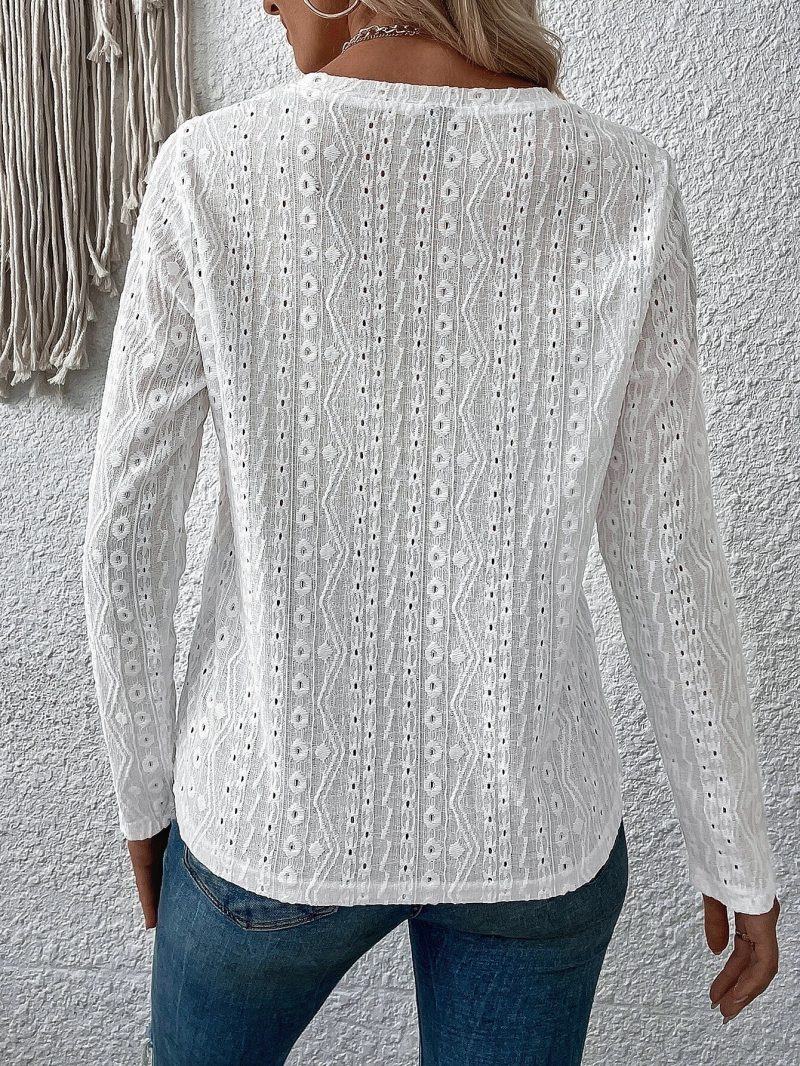Round Neck Solid Color Lace T-Shirt - Image 3