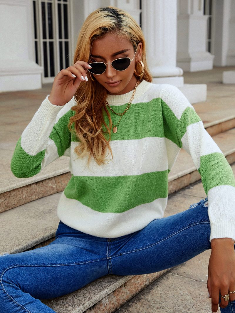 Mixed Color Stripe Round Neck Sweater - Image 2