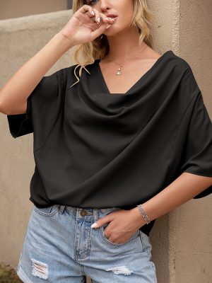 Pleated V-Neck Short Sleeve Loose Top