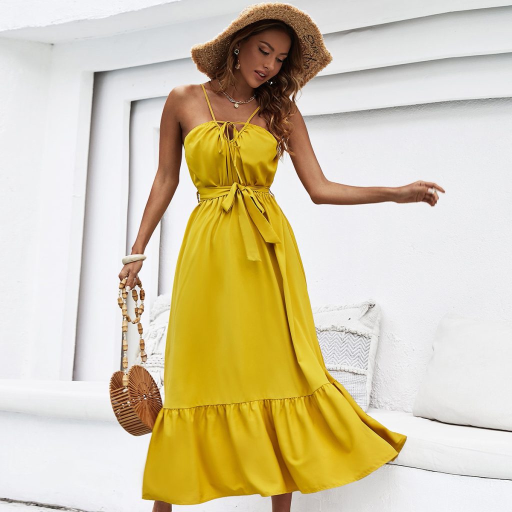 Yellow Halter Maxi Dress with Waist Trimming - Image 4