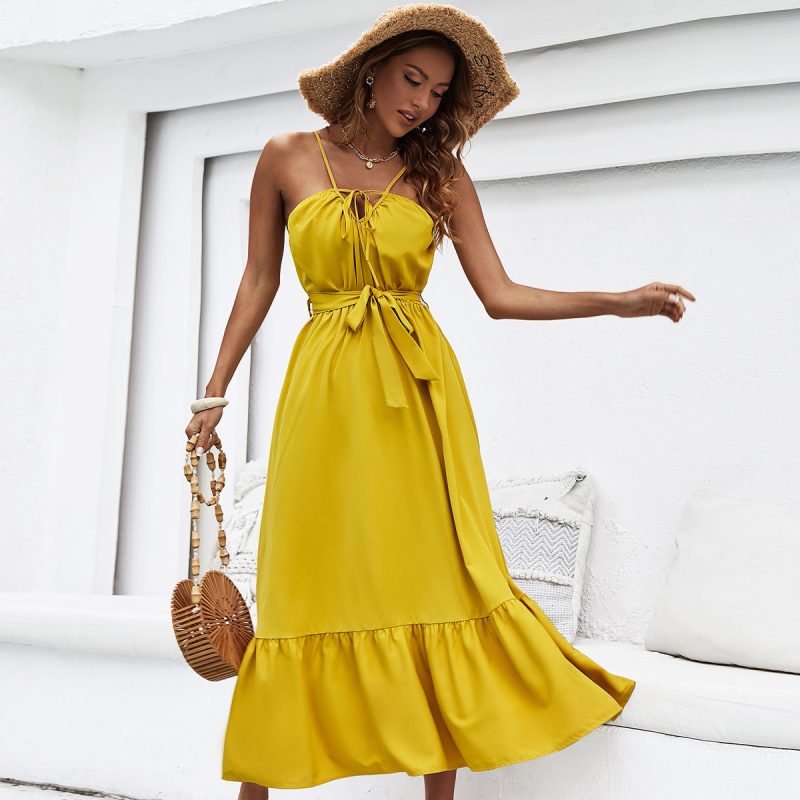 Yellow Halter Maxi Dress with Waist Trimming - Image 4