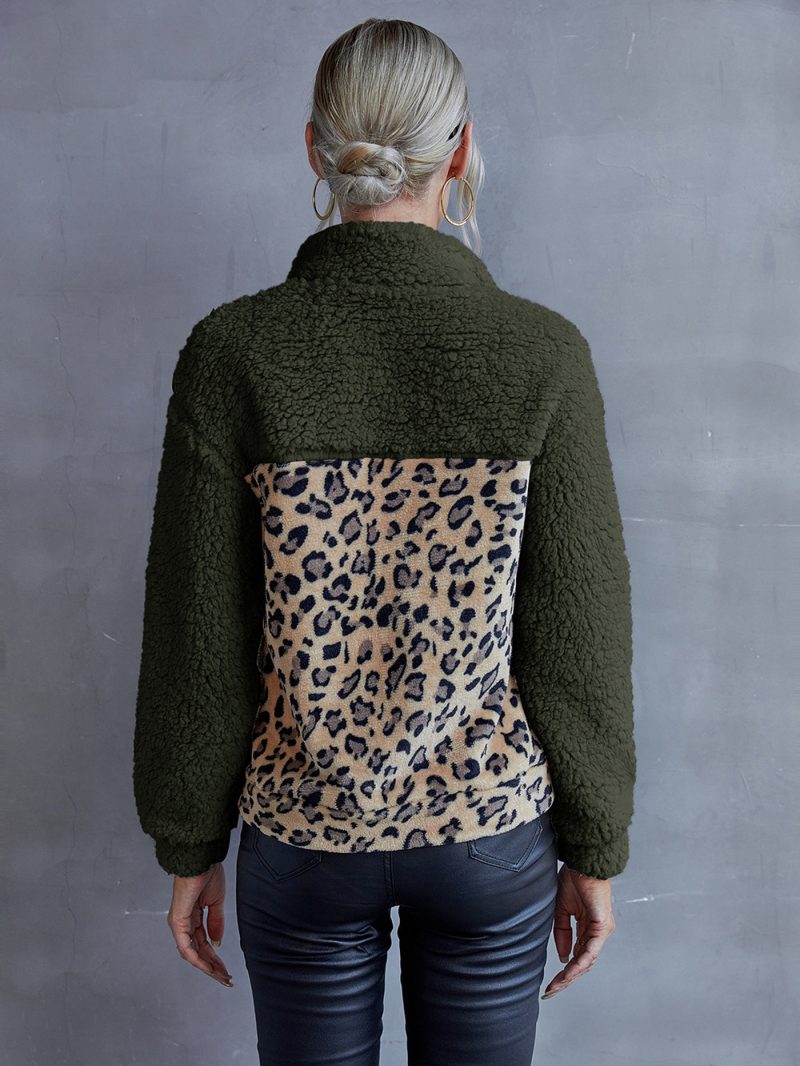 Leopard Fluffy Sweater with Faux Leather Patchwork Coa - Image 5