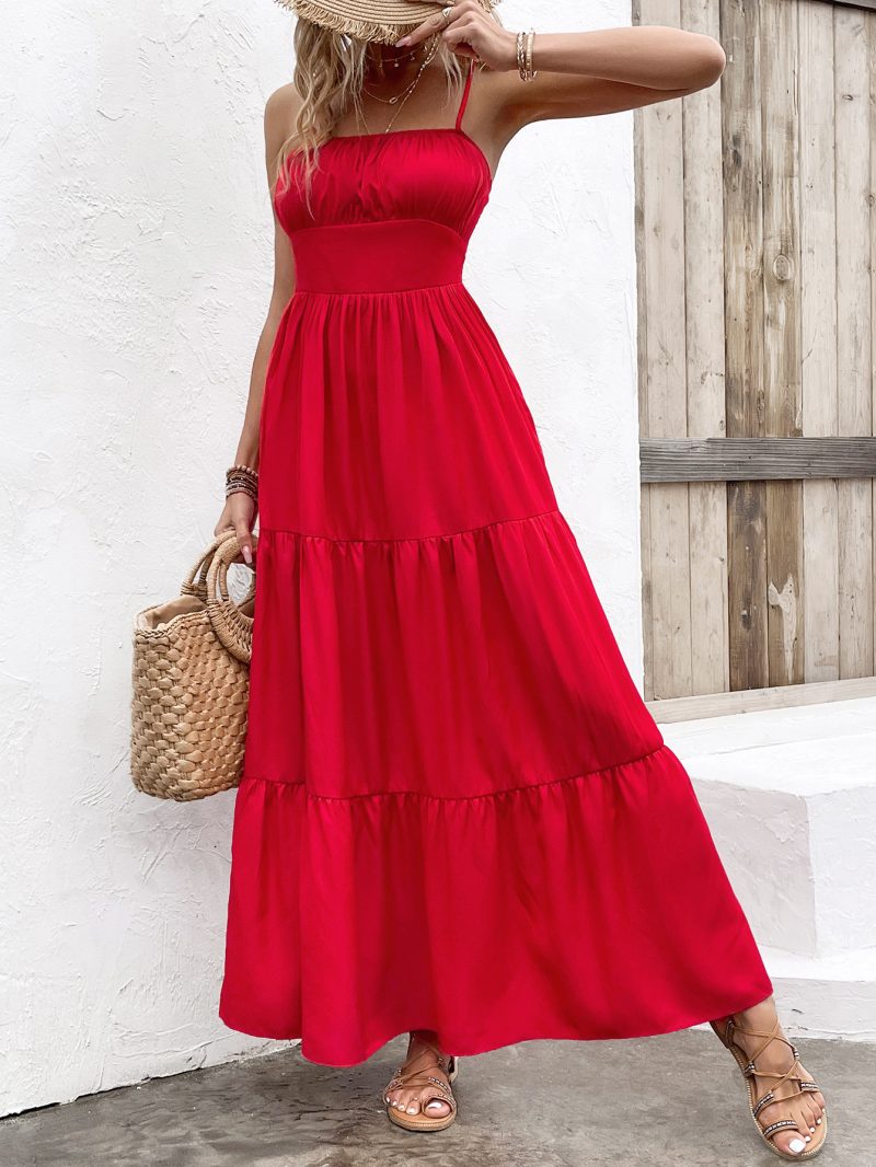 Red Pleated Maxi Dress with Suspenders for Summer - Image 4