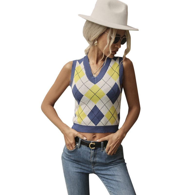 Color Matching Rhombus Plaid Sweater Vest - Image 4