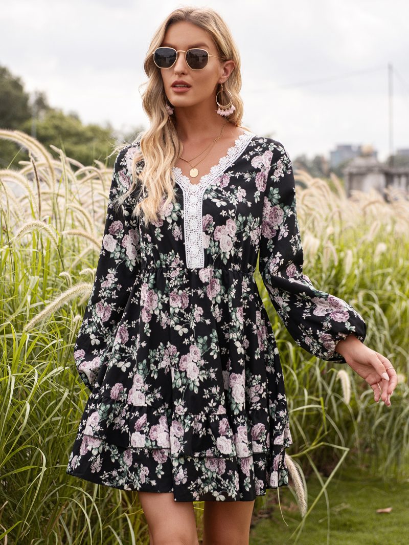 Floral Lace V-Neck Long Sleeve Dress - Image 6
