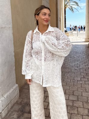 French White Lace Long Sleeve Shirt