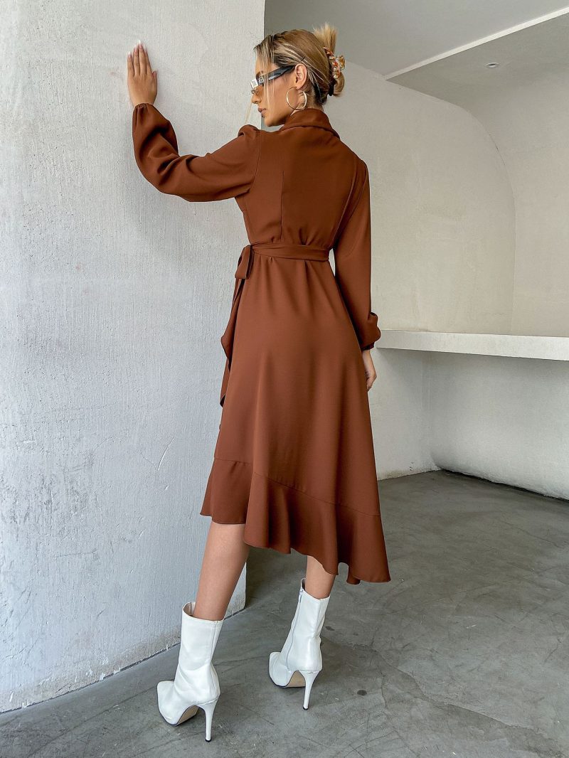 Solid Color Ruffles Tied Long Sleeves Dress - Image 3