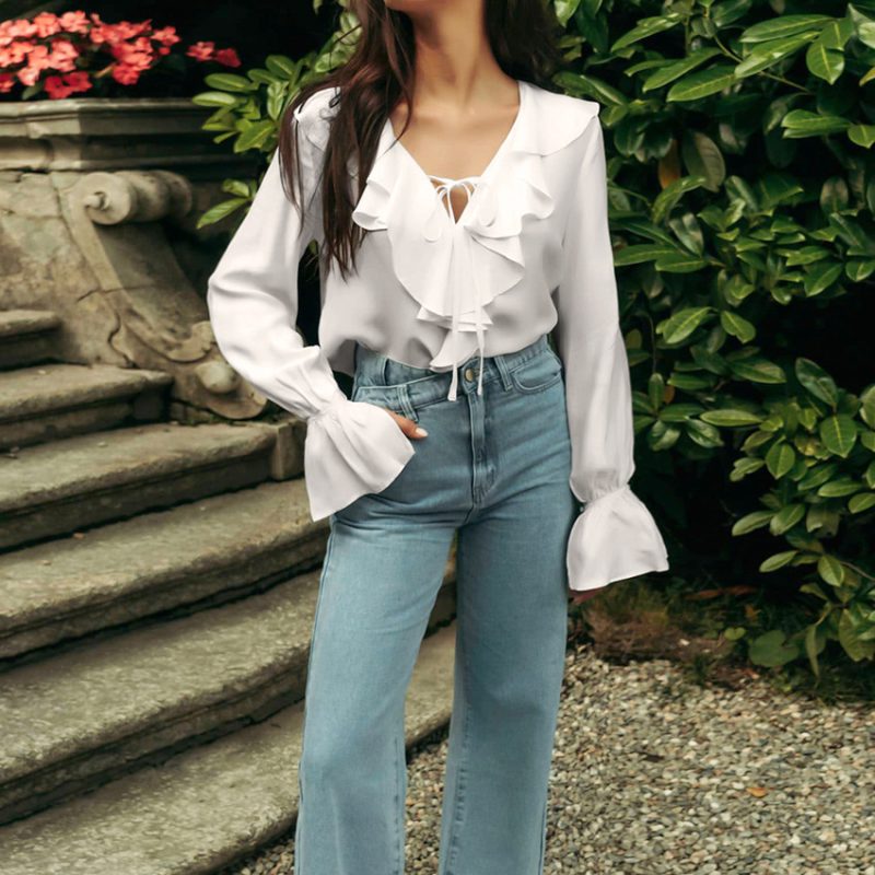 French Ruffled V-neck Puff Sleeve Shirt - Image 2