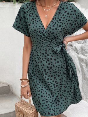 Polka Dot Swing Dress with Sexy V-Neck and Ruffled Waist