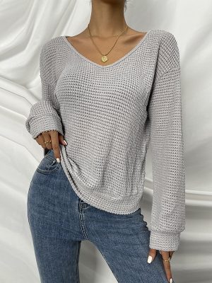 V-Neck Knitted Long Sleeve Top Women