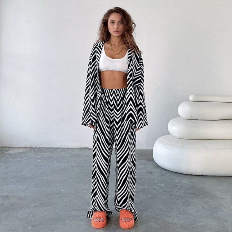 Black & White Striped Shirt and Trousers Set - Image 2
