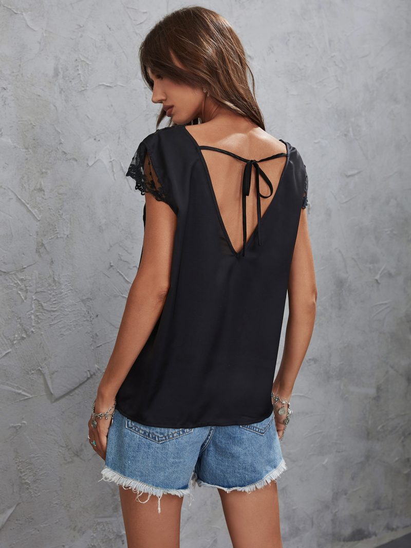 V-Neck Lace Short-Sleeve T-Shirt for Office Women - Image 4