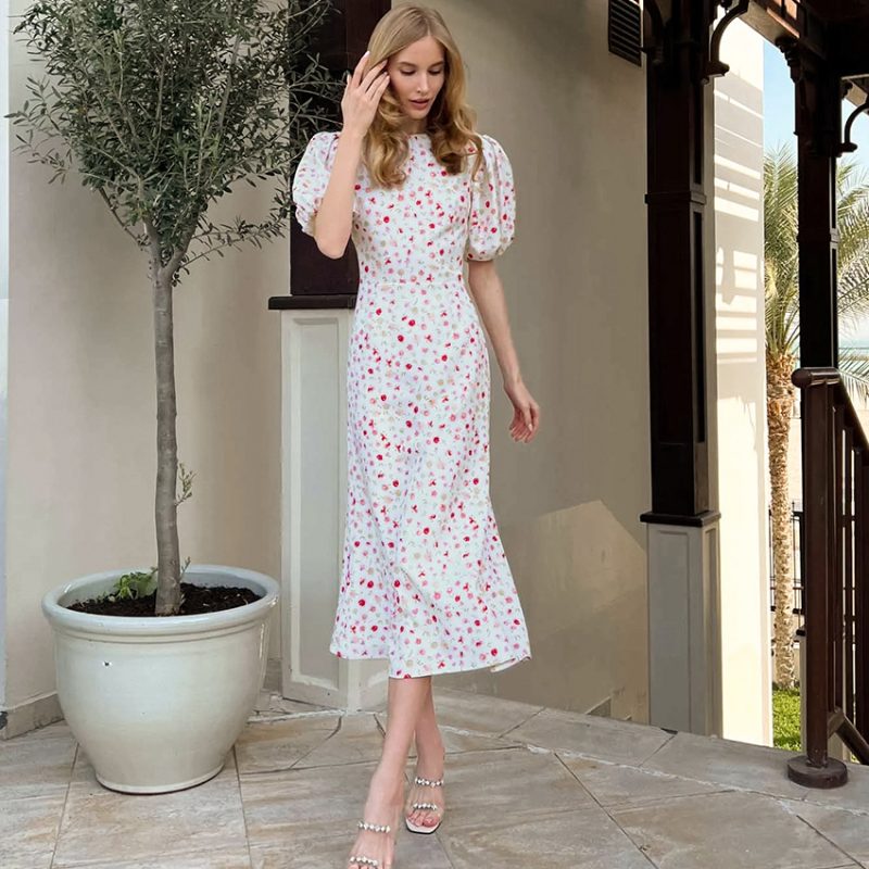 Sexy Print Fishtail Puff Sleeve Dress - Image 4