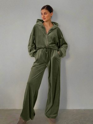 Velvet Hooded Sports Sweater and Wide Leg Pants Set