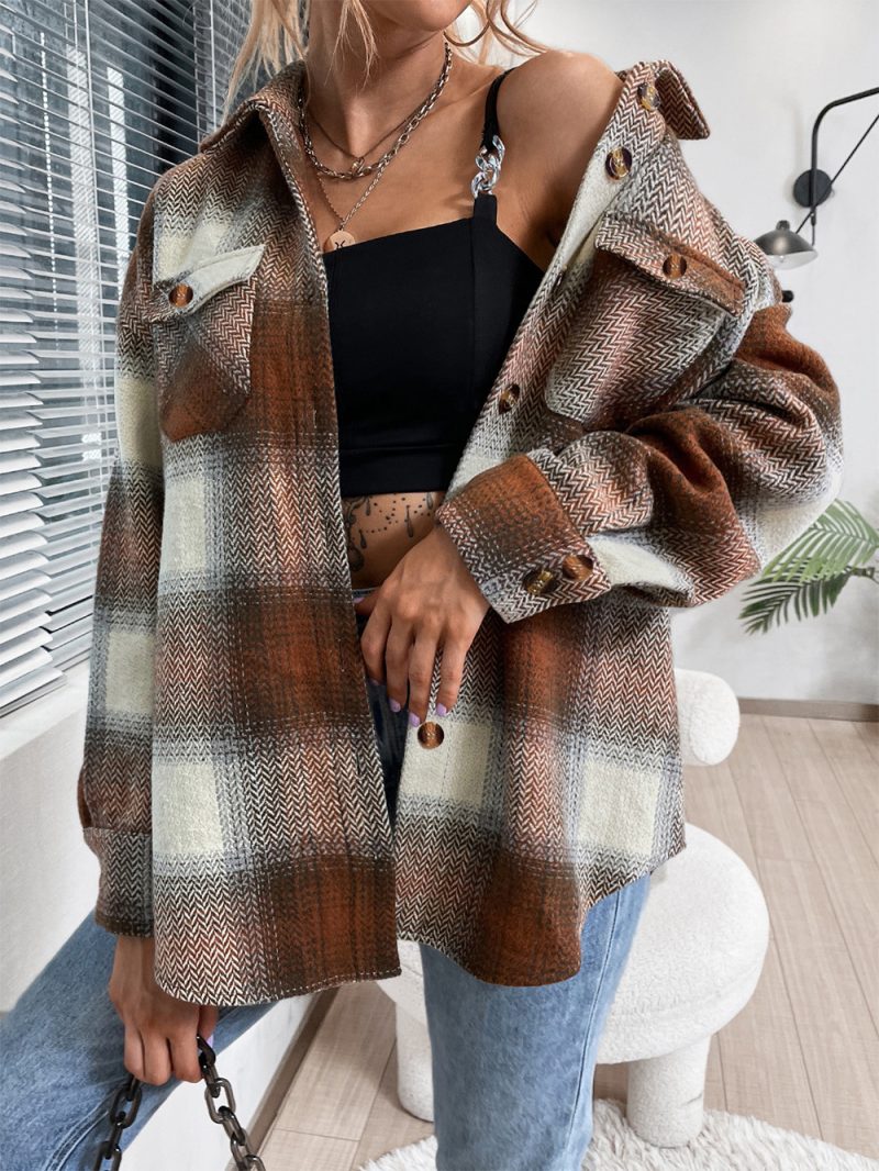 Collared Plaid Shacket Woolen Coat - Image 4