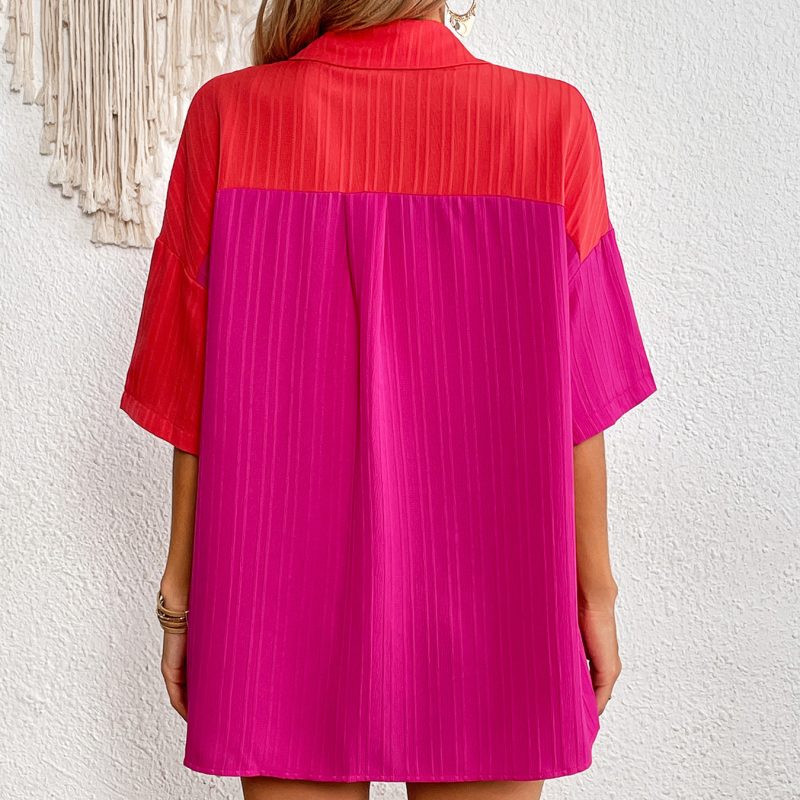 Summer Contrast Color Stitching Short Sleeve Women's Shirt - Image 2