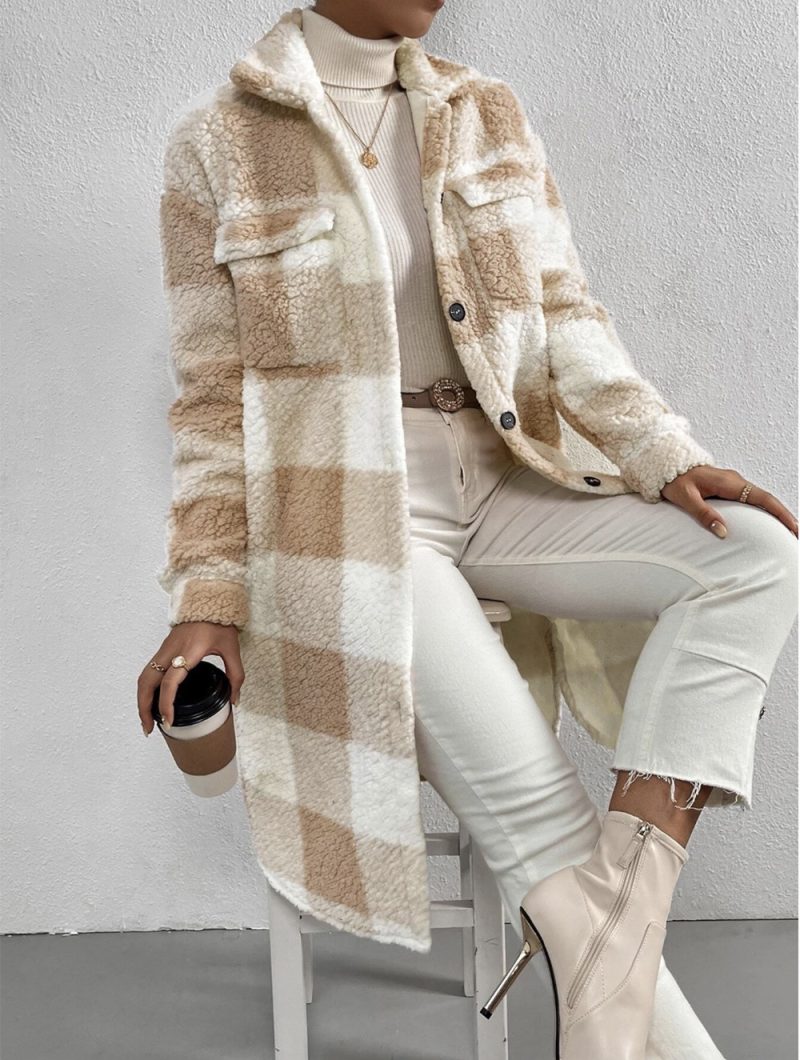 Buckle Collared Plush Plaid Coat - Image 5