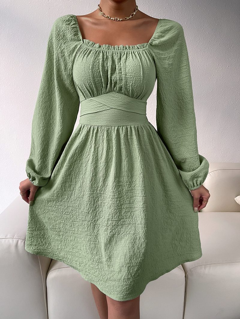 Square Collar Lace-Up A-Line Office Dress - Image 4