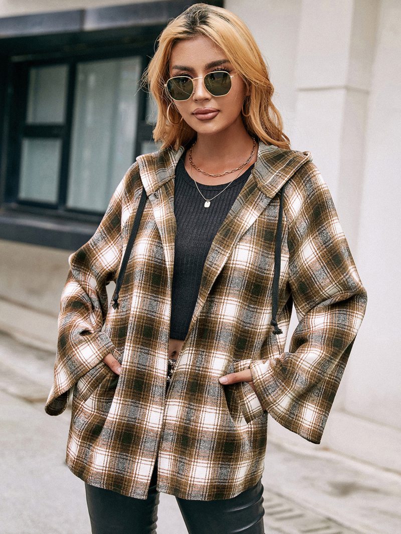 Hooded Plaid Trench Coat for Women - Image 6