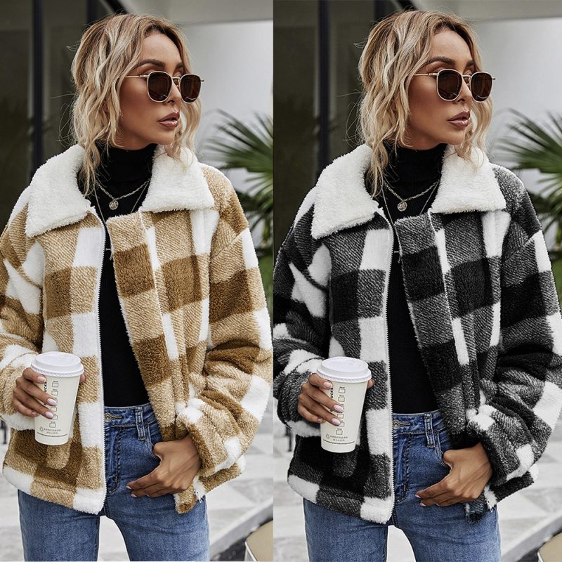 Zipper Collared Plaid Plush Coat - Image 5
