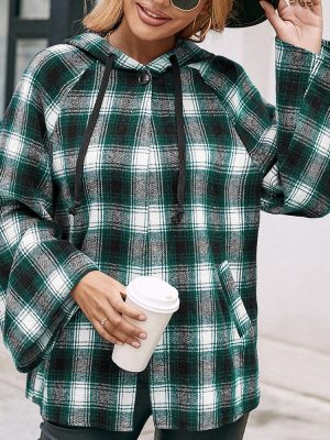 Hooded Plaid Trench Coat for Women