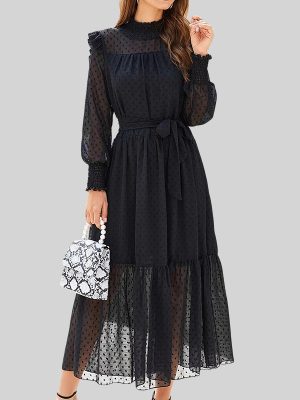 Ruffled Long Sleeve Self-Tie Dress