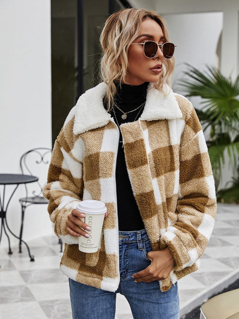 Zipper Collared Plaid Plush Coat - Image 3