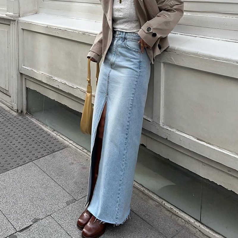 Retro Washed High Waist Slit Denim Skirt - Image 2