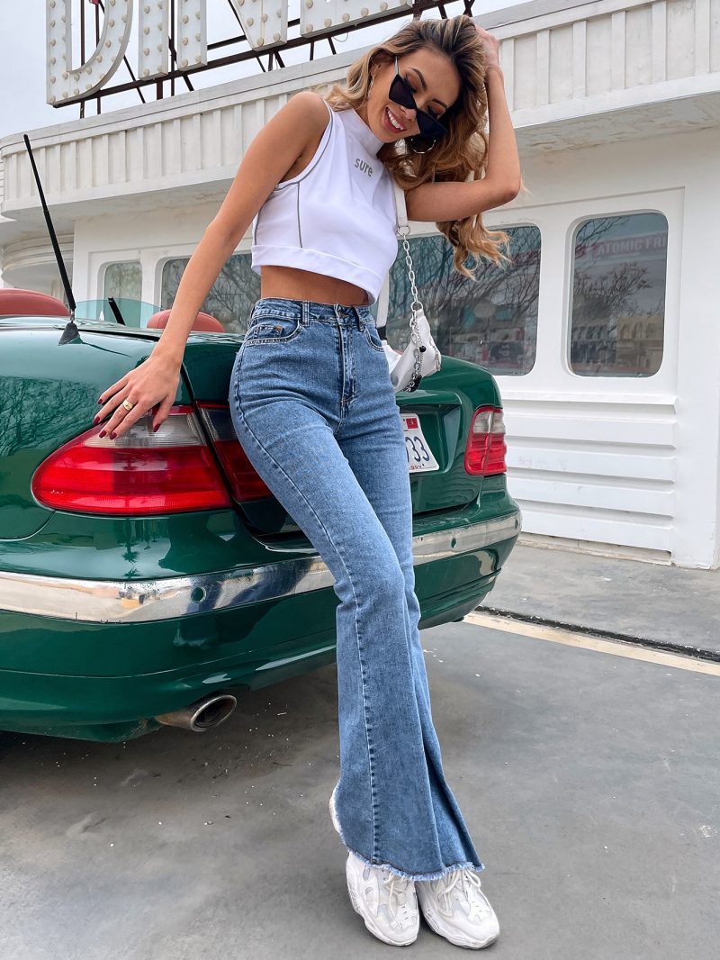 High Waist Wide Leg Patchwork Denim Bell Bottoms - Image 6