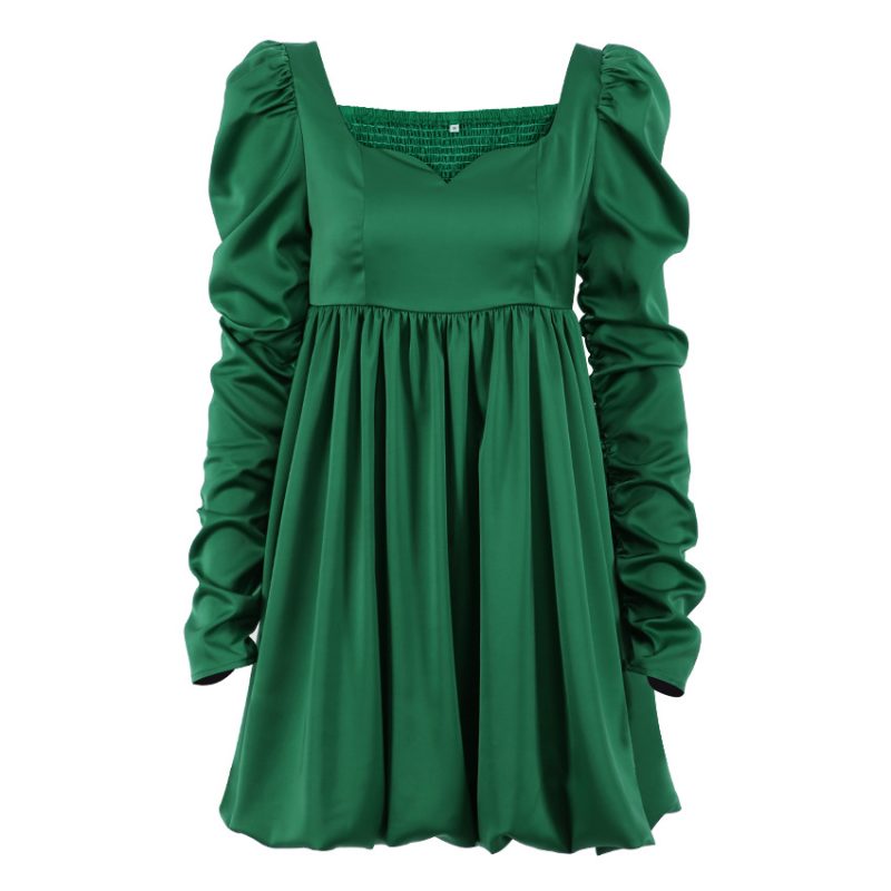 Green Lantern Dress with Long Sleeve Satin Drape - Image 5