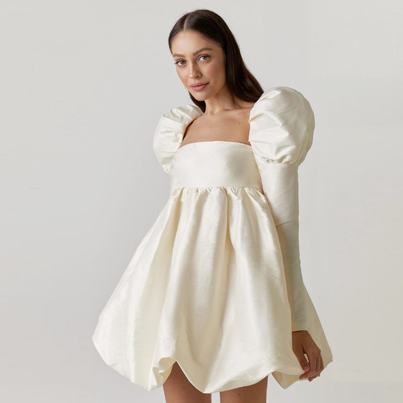 Long Ice Silk Court Puff Sleeve Gown - Image 4