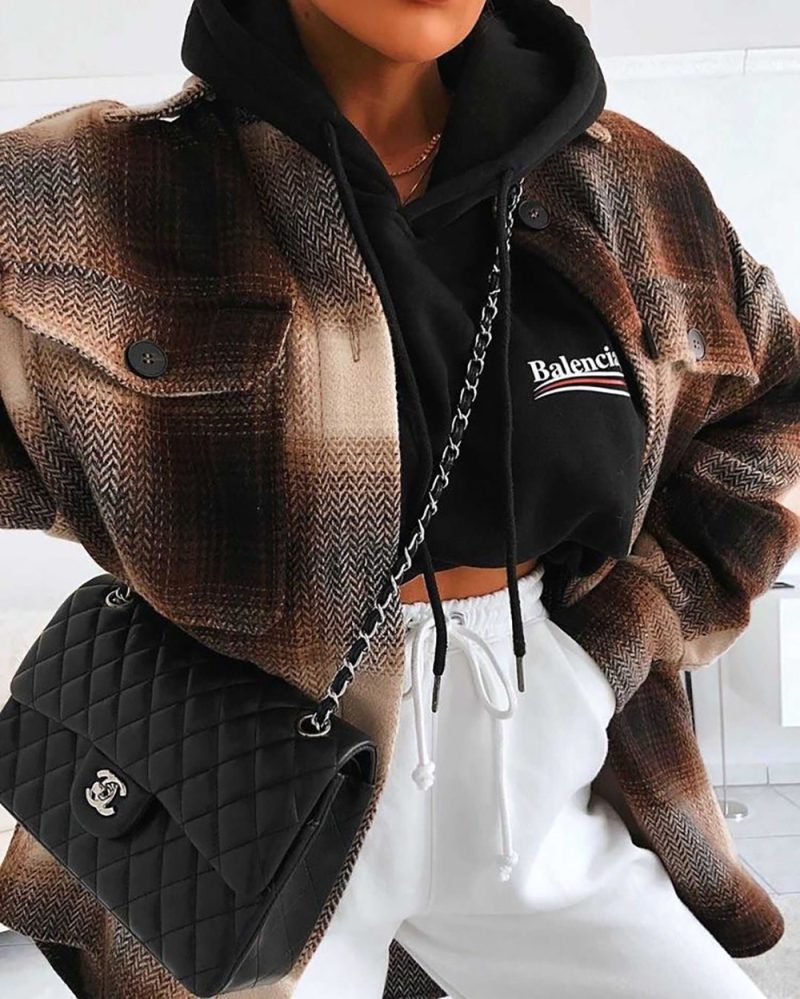 Collared Plaid Shacket Woolen Coat - Image 2