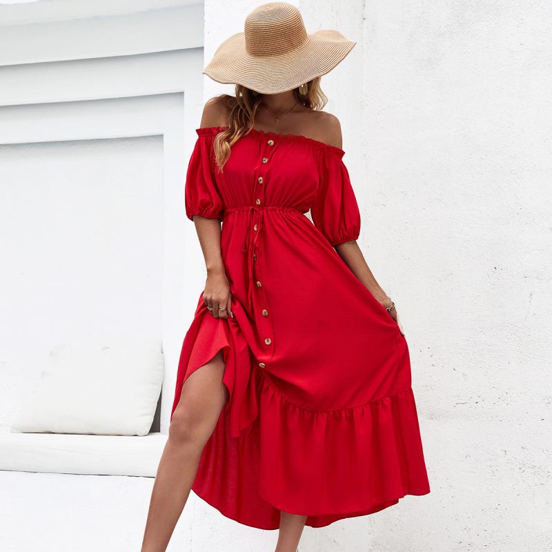 Red Off-Shoulder Dress with Wooden Ear Detail - Image 2