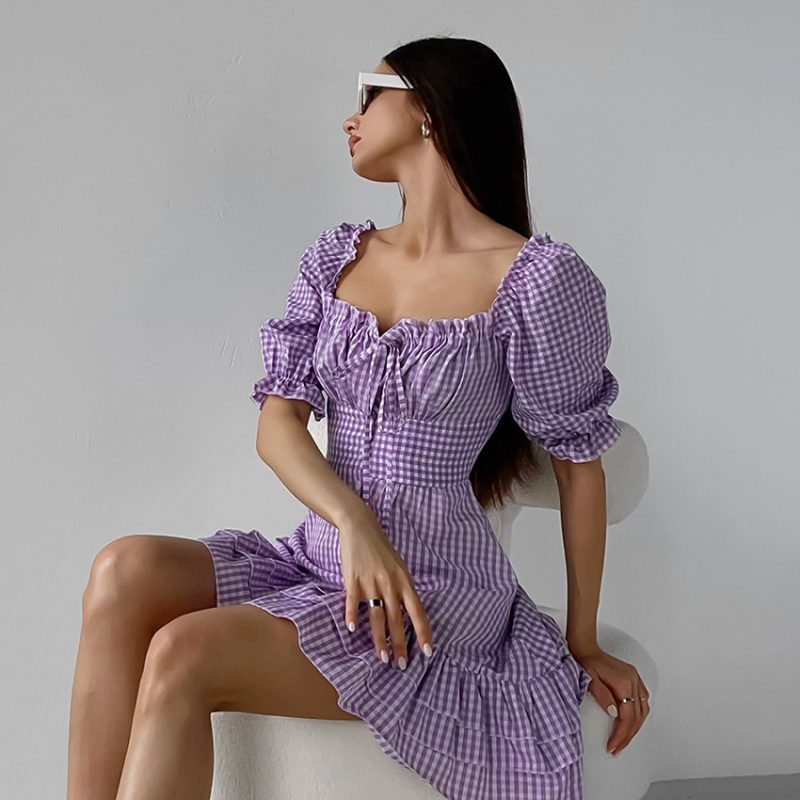 French Purple Pattern Square Collar A-line Dress - Image 3
