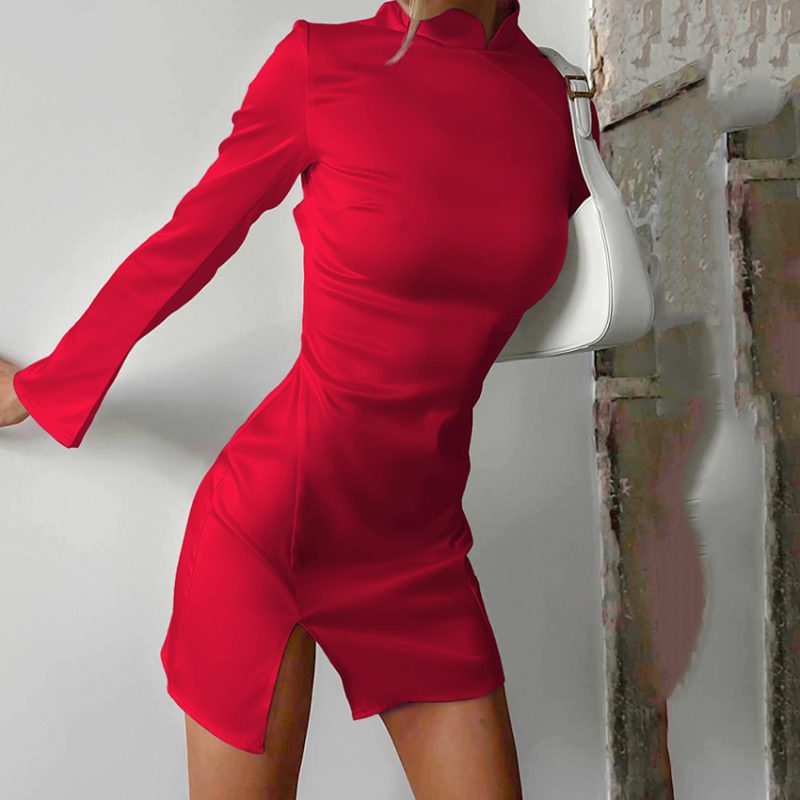 Chinese Stand-up Collar Black Slim Fit Dress - Image 4